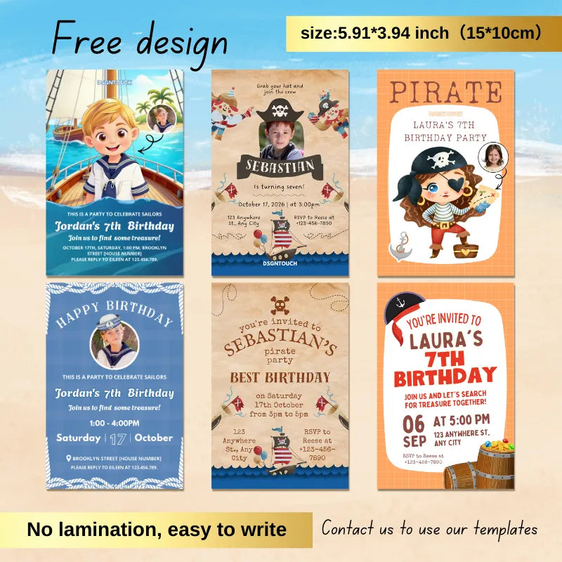 Birthday Card Kid custom nautical photo cartoon designs for children's birthdays, featuring personalized invitations.