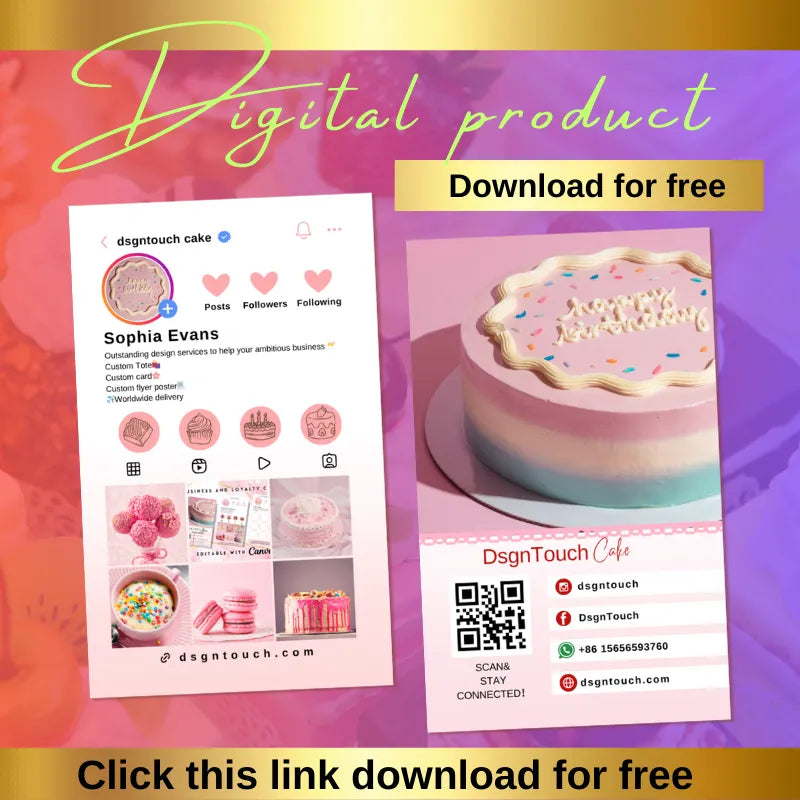 Free digital Instagram template for pastel birthday cake bakeries: profile layout (with cake visuals) + QR code card; accessible via the free download link provided.
