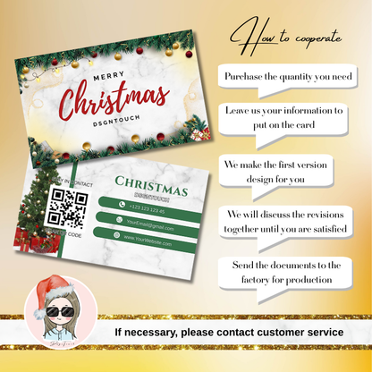 Close-up front view of the glossy Christmas bakery card featuring the brand name DSGNTOUCH and a warm "Merry Christmas" greeting.