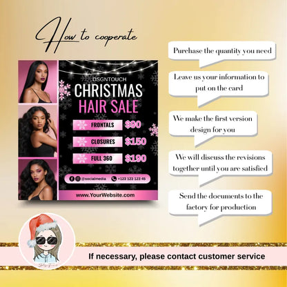 Christmas Business Cards for Hair Salons promotion with pricing and steps for order process.