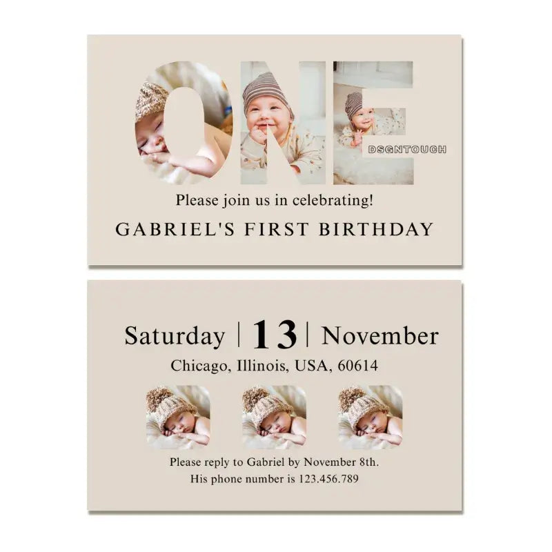 Custom printed 1st birthday card featuring a photo collage with a beige theme and celebration details.