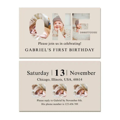Custom printed 1st birthday card featuring a photo collage with a beige theme and celebration details.