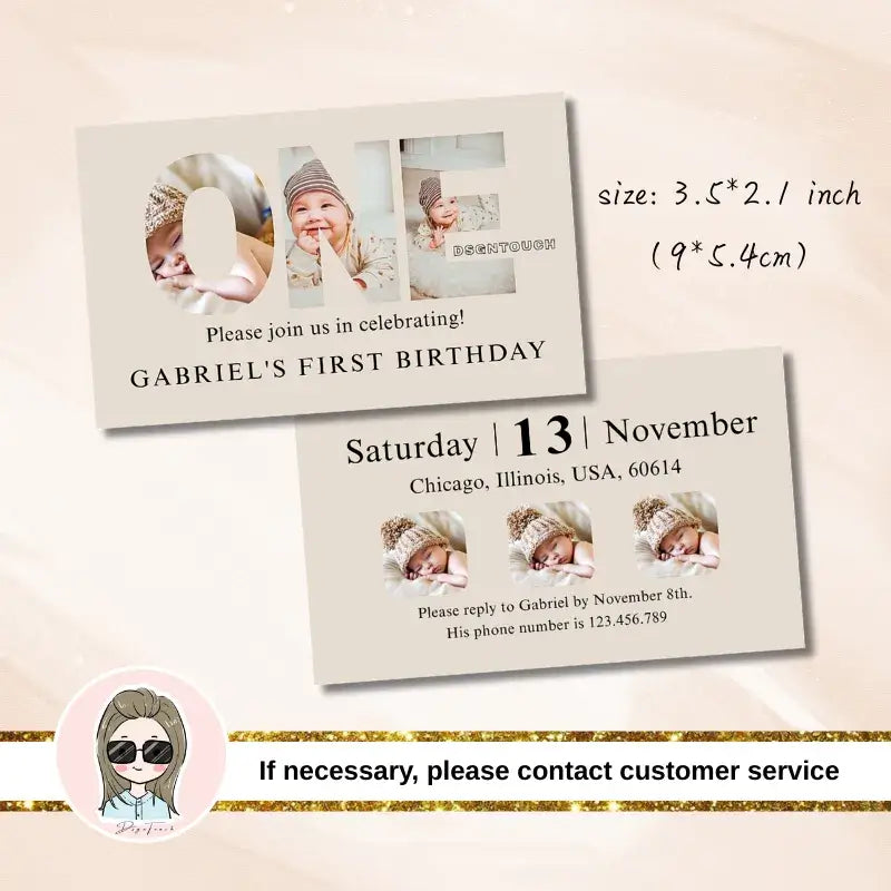 Custom Printed 1st birthday card for Gabriel's birthday with elegant design and RSVP details included.
