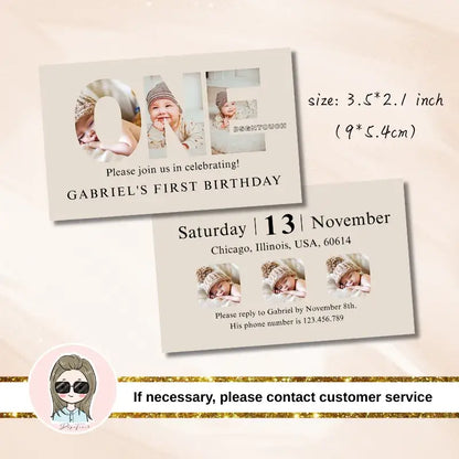 Custom Printed 1st birthday card for Gabriel's birthday with elegant design and RSVP details included.
