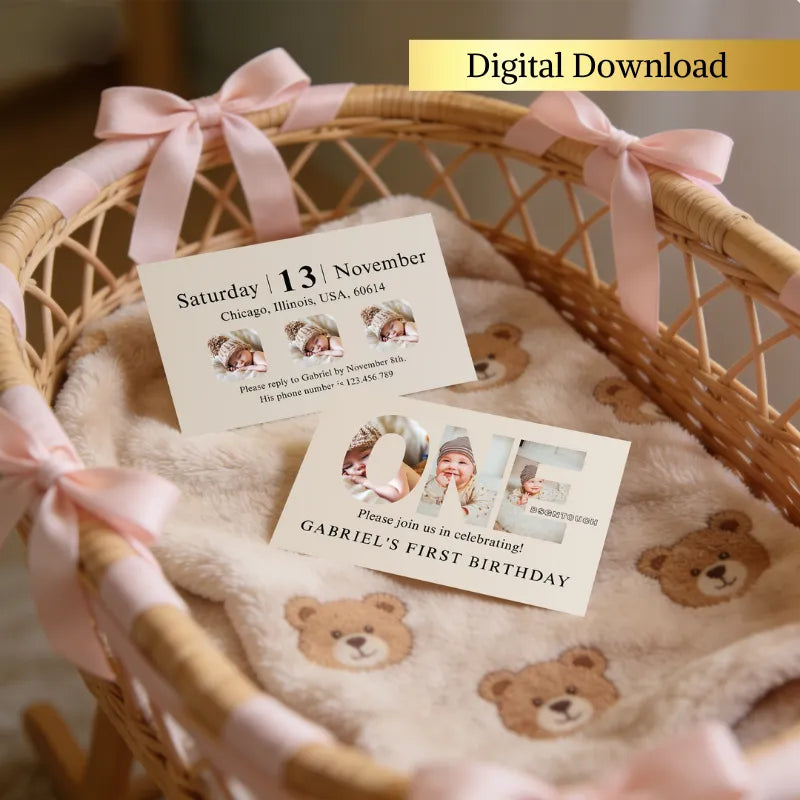 Baby boy first birthday card template with event details and RSVP information.