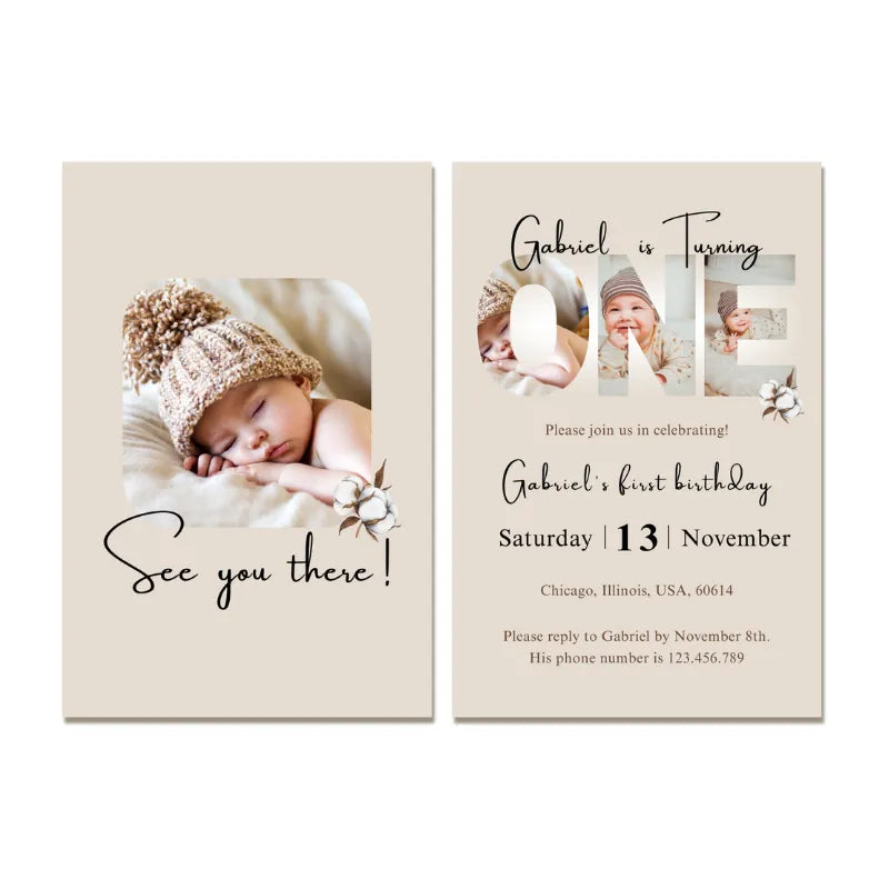 “Gabriel‘s First Birthday” invitation card example, showcasing designs you can get for free.
