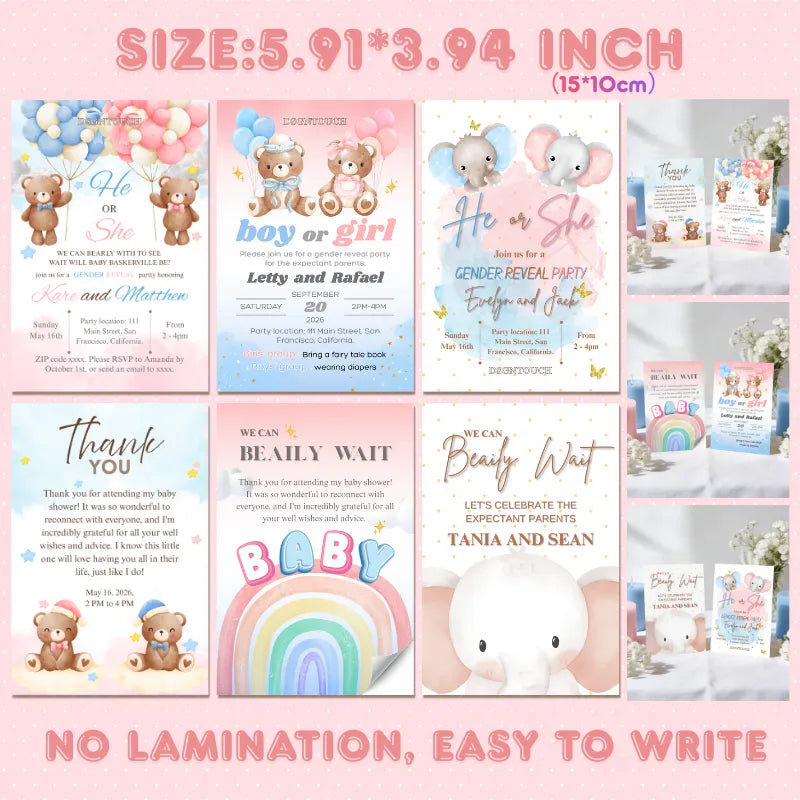 Printable Baby Shower Invitations showcasing various designs for gender reveal and thank you cards in a 5.91x3.94 inch format.