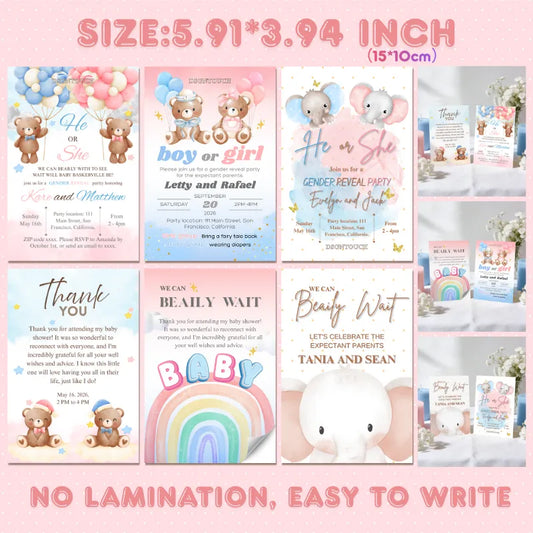 Printable Baby Shower Invitations showcasing various designs for gender reveal and thank you cards in a 5.91x3.94 inch format.