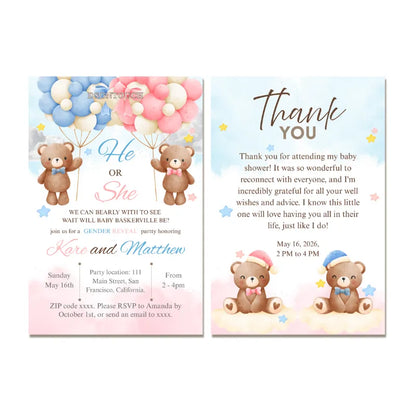 Printable Baby Shower Invitations featuring cute teddy bears and balloons, designed for celebrations by dsgntouch.