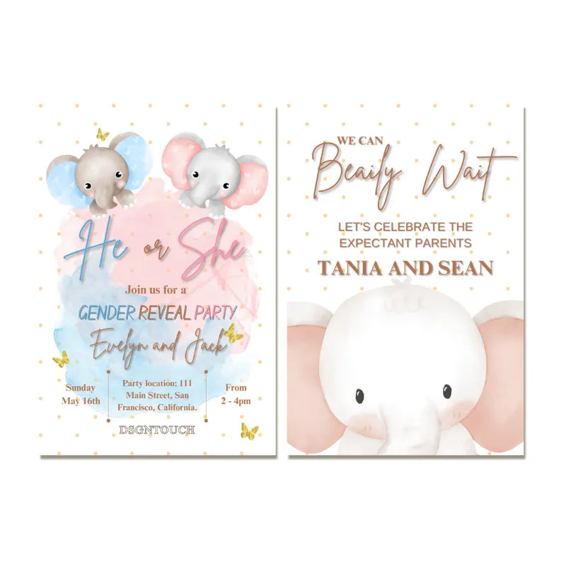 Printable Baby Shower Invitations featuring cute elephants and gold text, perfect for a gender reveal party.