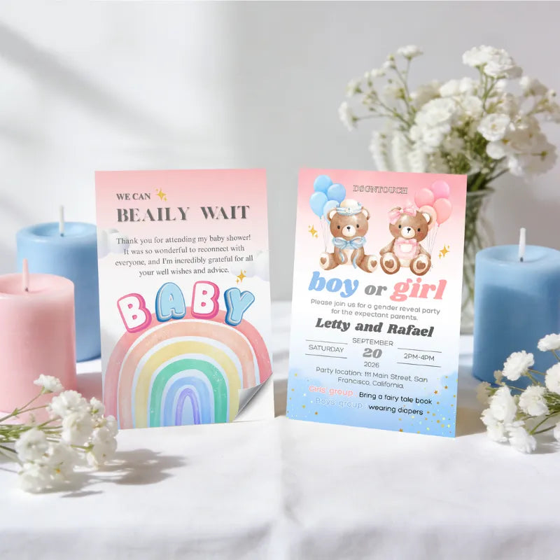 Printable Baby Shower Invitations featuring colorful elephant designs and soft pastel candles.
