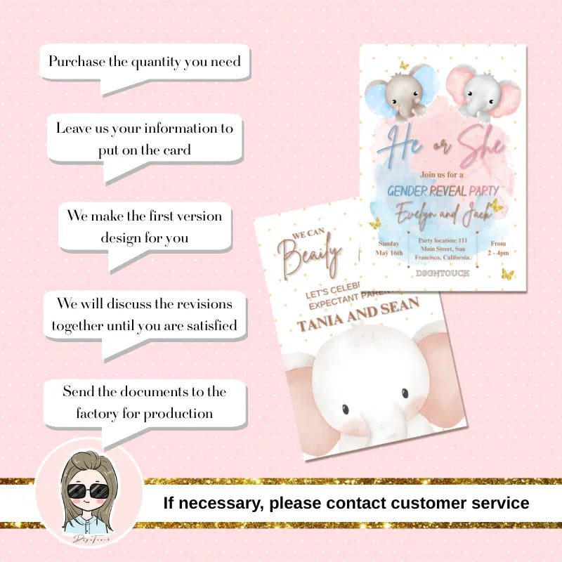 Printable Baby Shower Invitations design with pink background, featuring elephant graphics and steps for ordering.