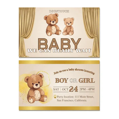 DIY Baby Shower Invitations featuring cute bear design, customizable text, printed on premium gloss paper.