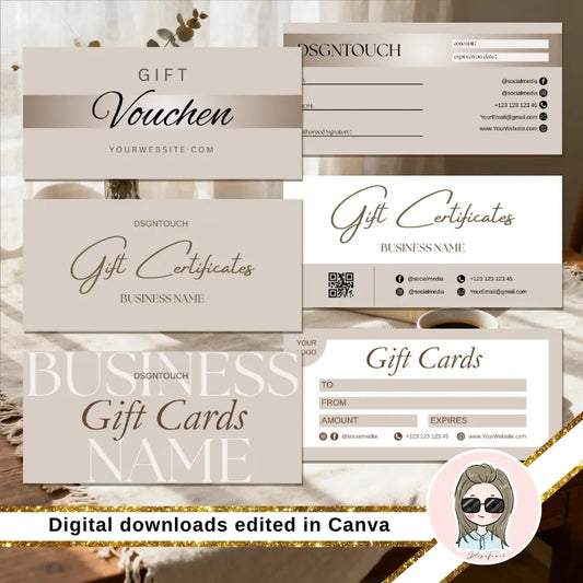 The main preview of the beige and white gift certificate templates, showcasing the elegant and minimalist design.
