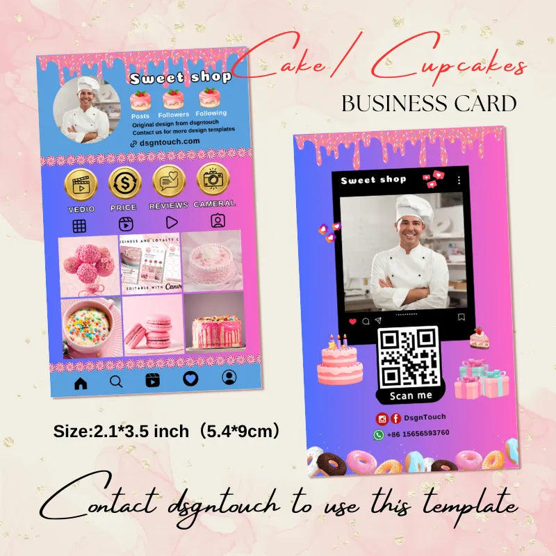 Sweet shop template set (2.1x3.5 inch): Instagram profile layout (showcasing pastries) + business card with gift/cake graphics, QR code, and social media links, designed by DsgnTouch.
