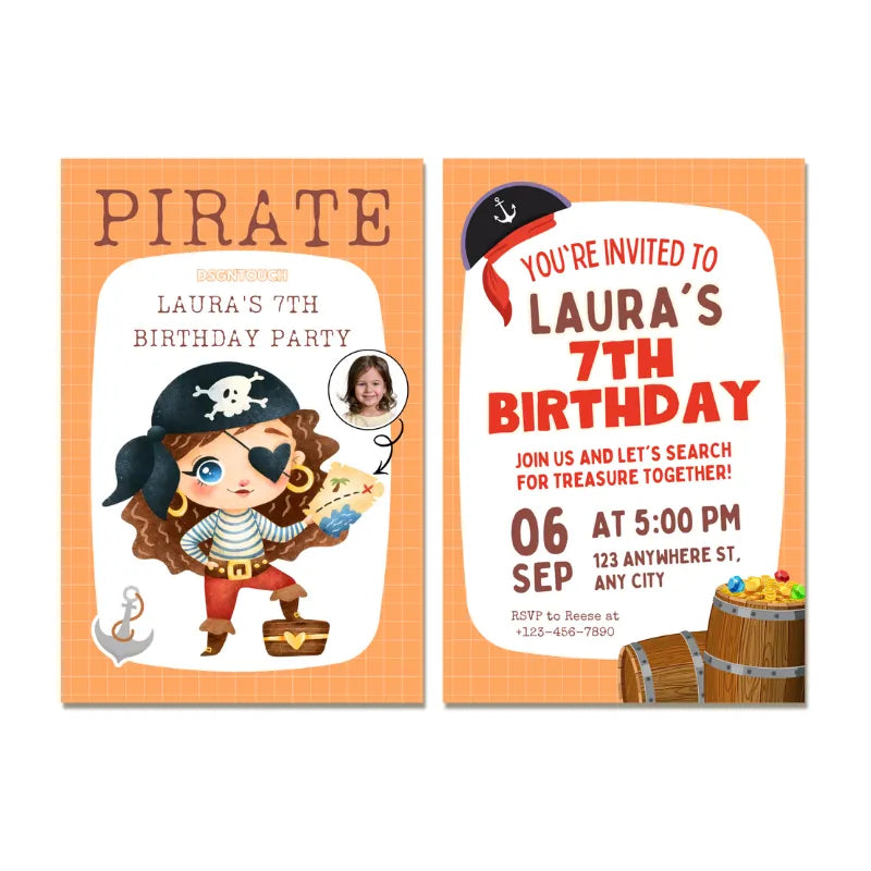 Birthday Card Kid custom pirate-themed invitation for Laura's 7th birthday party with photo and colorful design.
