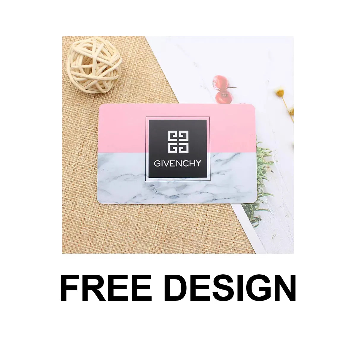 Custom Givenchy plastic card with pink and marble pattern; text "FREE DESIGN" indicates design service offer.