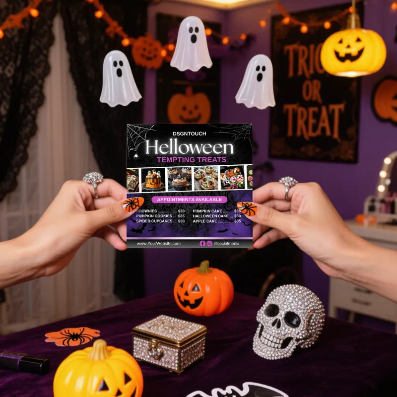 Halloween Bakery Cards showcased with spooky decorations in a festive setting for cake shops.
