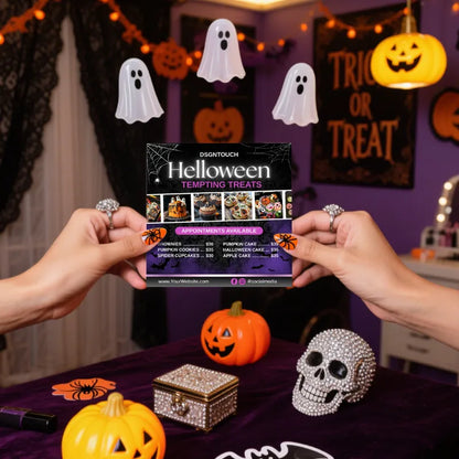 Halloween Bakery Cards showcased with spooky decorations in a festive setting for cake shops.