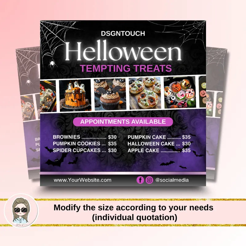 Halloween Bakery Cards showcasing tempting treats like brownies, pumpkin cookies, and Halloween cake for cake shops.