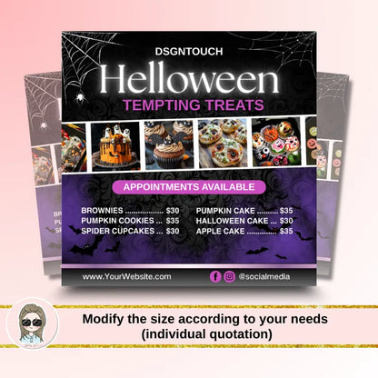 Halloween Bakery Cards showcasing tempting treats like brownies, pumpkin cookies, and Halloween cake for cake shops.