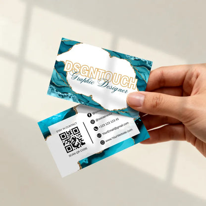 Watercolor business card design showcasing cyan gold agate and blue gold agate accents from Dsgntouch.