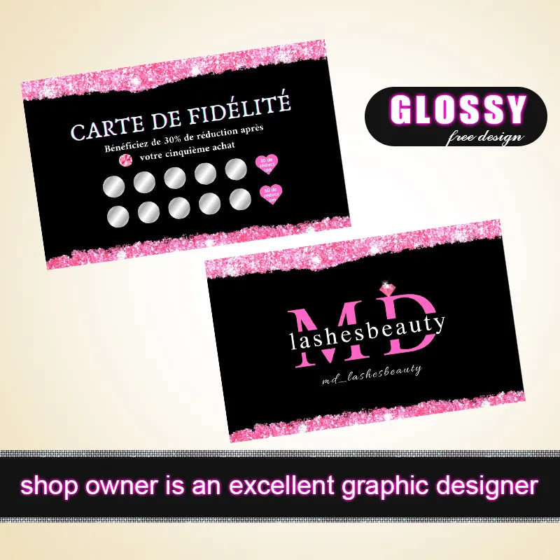 Glossy pink glitter French loyalty card ("CARTE DE FIDÉLITÉ") for MD Lashes Beauty: offers 30% discount after 5th purchase, with brand logo and "free design" note.