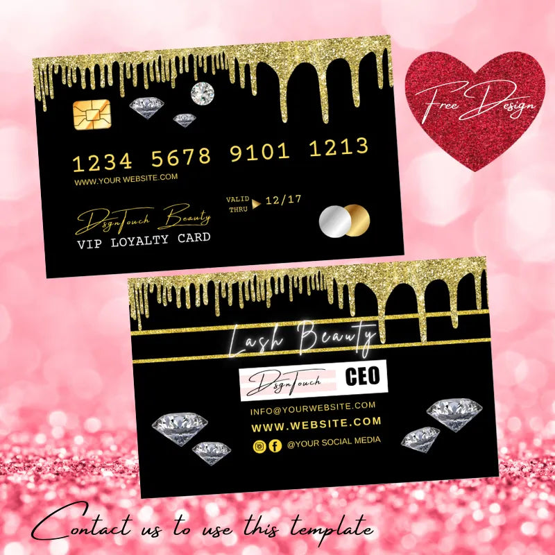 Gold-drip beauty VIP loyalty card template (black background): features diamond accents, business contact details, expiration date, and a "Free Design" badge; by DsgnTouch.