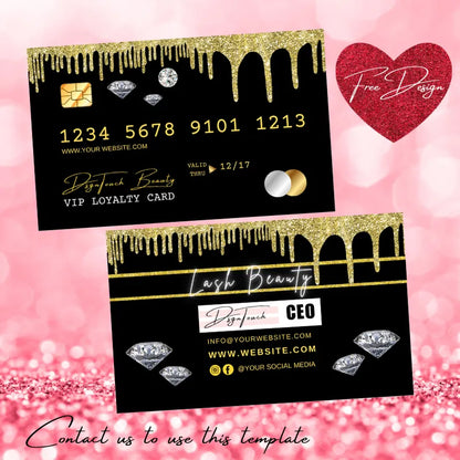 Gold-drip beauty VIP loyalty card template (black background): features diamond accents, business contact details, expiration date, and a "Free Design" badge; by DsgnTouch.