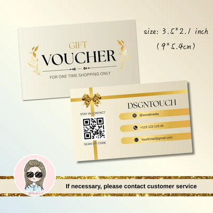 Gift Card Business Cards design featuring a gift voucher and contact information with QR code.