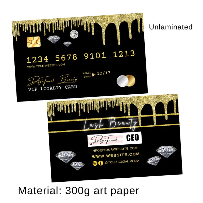 Gold glitter beauty VIP loyalty card template (black background): unlaminated (300g art paper), with diamond accents, business contact details, and expiration date.