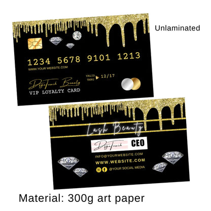 Gold glitter beauty VIP loyalty card template (black background): unlaminated (300g art paper), with diamond accents, business contact details, and expiration date.