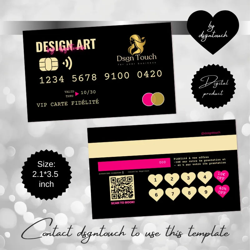Elegant gold-and-pink "VIP CARTE FIDÉLITÉ" template (2.1x3.5 inch): includes brand logo, reward stamp system (40% off perk), and a scan-to-book QR code, designed by DsgnTouch.