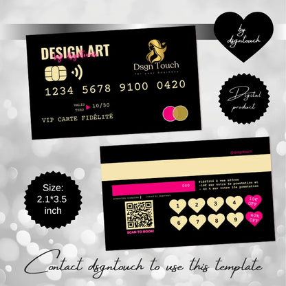 Elegant gold-and-pink "VIP CARTE FIDÉLITÉ" template (2.1x3.5 inch): includes brand logo, reward stamp system (40% off perk), and a scan-to-book QR code, designed by DsgnTouch.