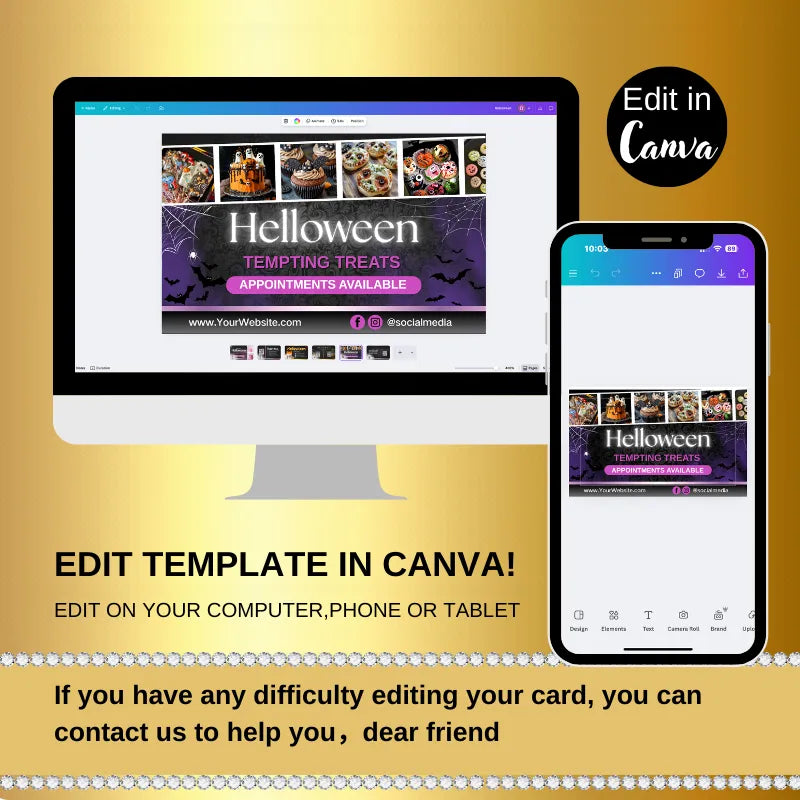 Editable Halloween Bakery Cards Digital Download for Canva showcased on computer and mobile devices.