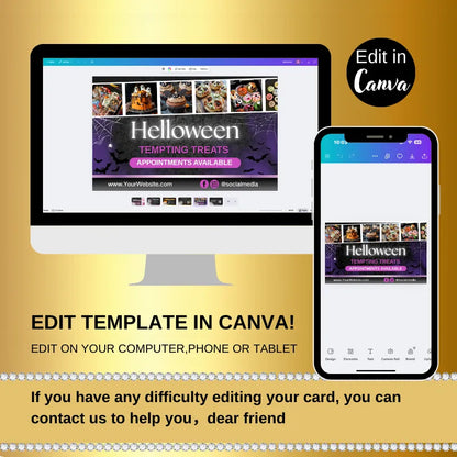 Editable Halloween Bakery Cards Digital Download for Canva showcased on computer and mobile devices.
