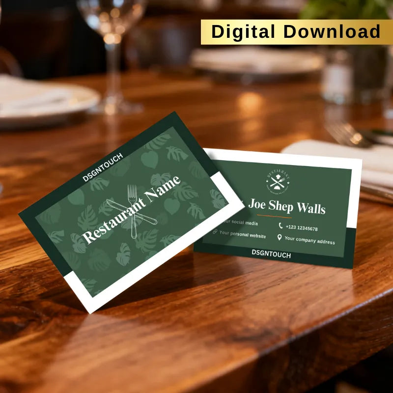 Green restaurant business card template for chefs and cafe owners. Professional name card design with restaurant logo and contact details