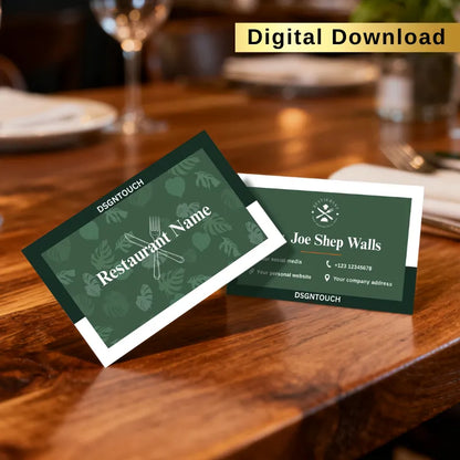 Green restaurant business card template for chefs and cafe owners. Professional name card design with restaurant logo and contact details