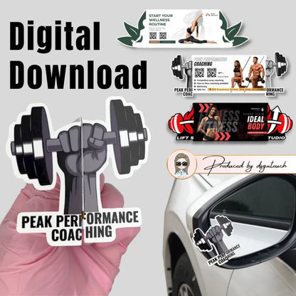 Digital gym flyer template preview featuring a dumbbell-shaped design, fitness promotion examples, and a folded card demonstration