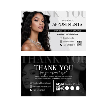  A flat lay mockup of an elegant hair salon business card with a QR code and a special offer for next purchase.