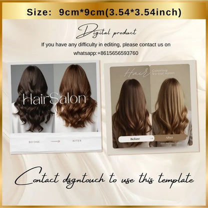 9cm*9cm digital template for hair salons: showcases hair coloring before/after transformations; marked as a digital product with contact details.