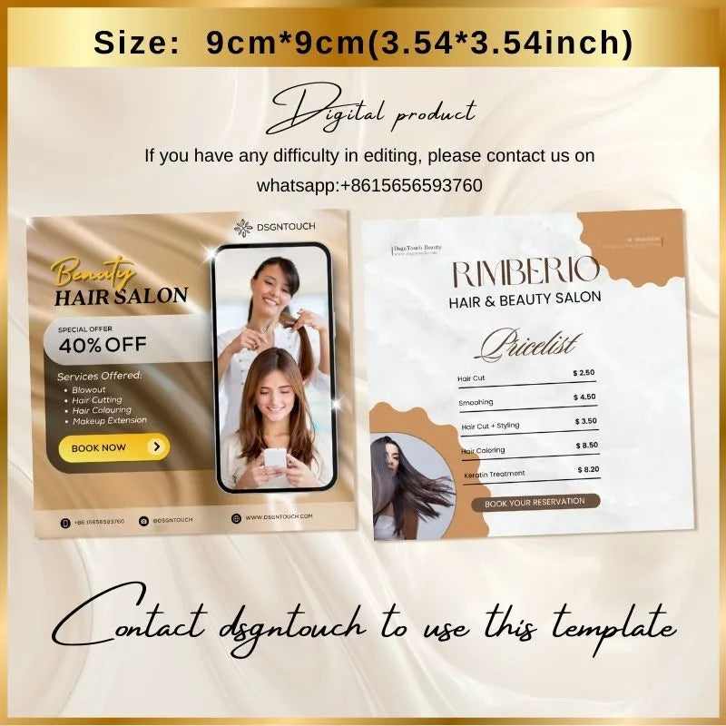 Digital template (9cm*9cm) for hair salon: includes 40% off promotion flyer + service pricelist; labeled as a digital product with contact info for edits.