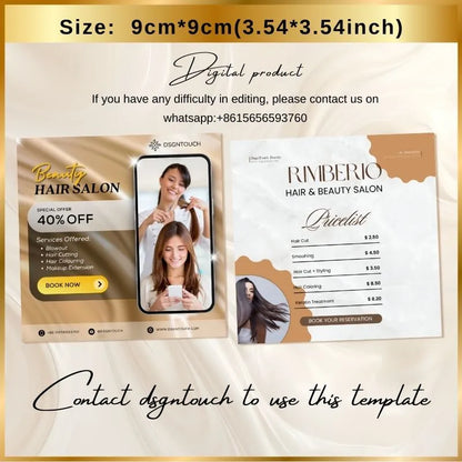 Digital template (9cm*9cm) for hair salon: includes 40% off promotion flyer + service pricelist; labeled as a digital product with contact info for edits.