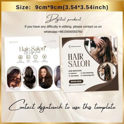 9cm*9cm digital template for hair salons: displays service menu (with visuals) + service list flyer; note to contact dsgntouch to use.