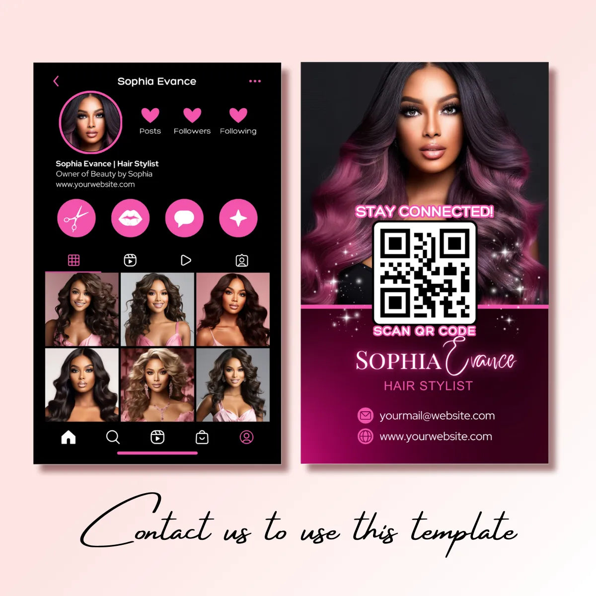 Customizable Instagram profile + business card template for hair stylist (Sophia Evance): features QR code, contact info, and portfolio previews; text prompts "Contact us to use this template".