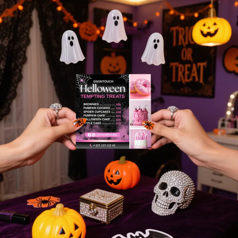 Halloween Bakery Cards - Glossy Finish Square Cards for Cake Shops - 300gsm Custom Sizes | DSGNTOUCH displayed at a festive bakery.