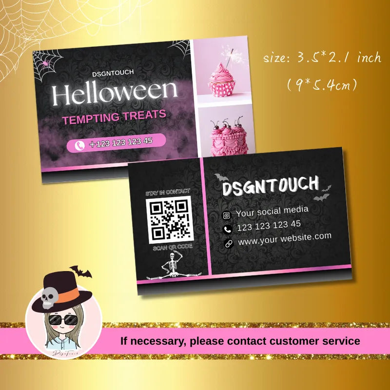 Halloween Cake Business Cards for Bakeries - 300GSM Gloss Laminated - DSGNTOUCH showcasing cupcake designs and contact information.
