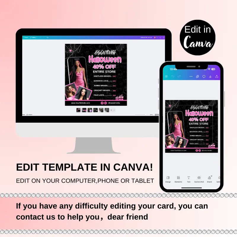 Halloween card ideas editable in Canva on computer and phone showcasing 40% off entire store promotion.
