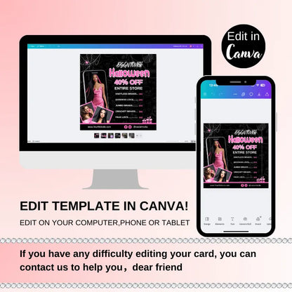 Halloween card ideas editable in Canva on computer and phone showcasing 40% off entire store promotion.