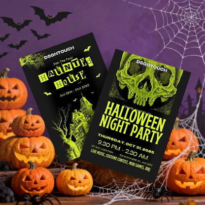 Halloween party flyers in pumpkin scene: Haunted house & skull-themed event designs for spooky October celebrations